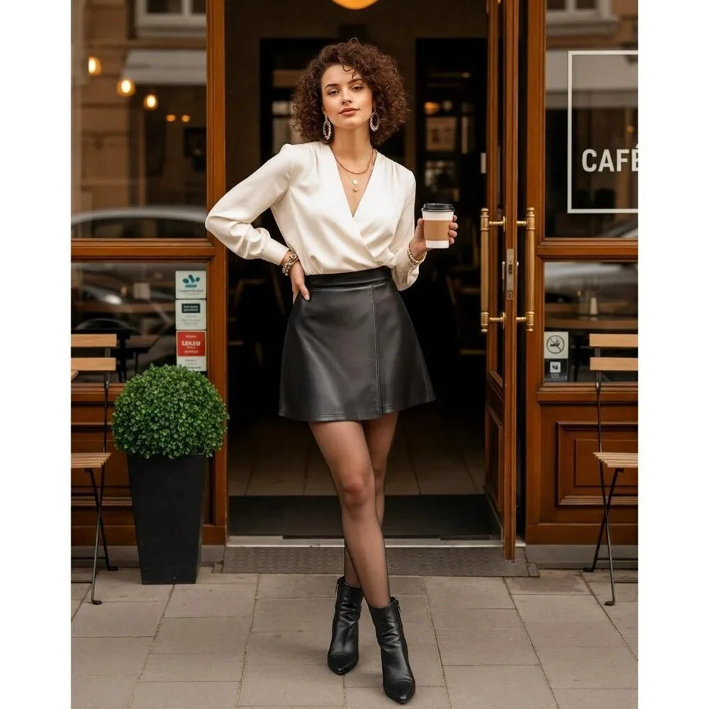 Women's Black High Waist A Lined Faux Leather Trendy Outfit Mini Short Skirts